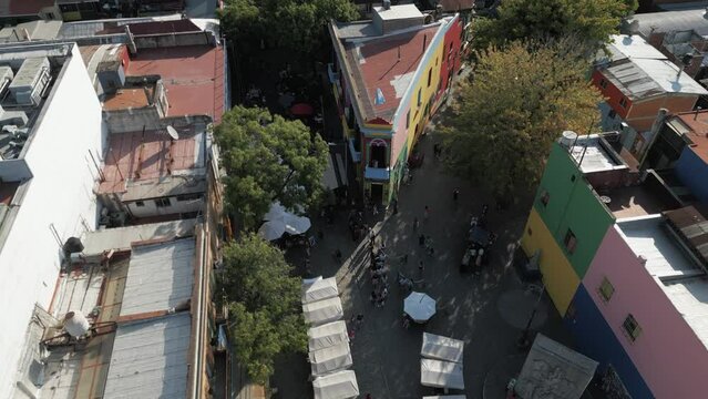 Caminito Street Buenos Aires Argentina Aerial Drone Above La Boca Tango Traditional Famous Neighborhood with Colorful Houses