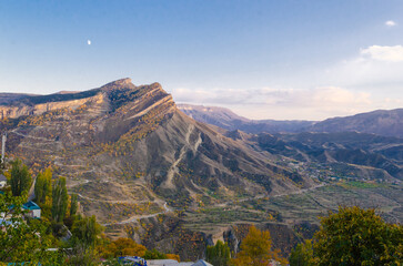 A high view of a village in the Caucasus mountains.