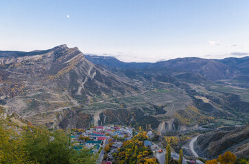 A high view of a village in the Caucasus mountains.