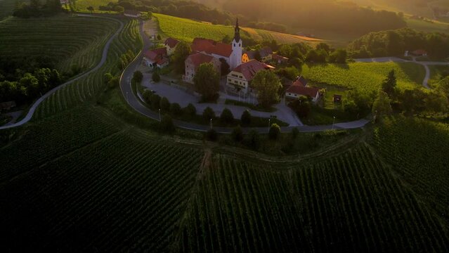 Aerial drone 4K footage of Svetinje which is a small village in the Municipality of Ormož in northeastern Slovenia.