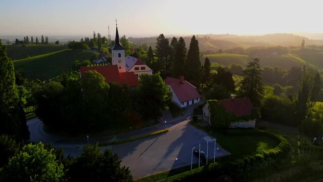 Aerial drone 4K footage of Jeruzalem. Jeruzalem is a small settlement in the eastern part of the Slovene Hills (Slovenske gorice) in the Municipality of Ljutomer in northeastern Slovenia.