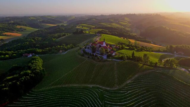 Aerial drone 4K footage of Svetinje which is a small village in the Municipality of Ormož in northeastern Slovenia.