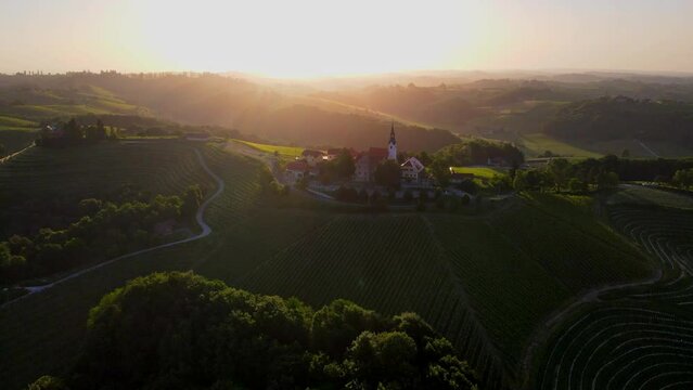 Aerial drone 4K footage of Svetinje which is a small village in the Municipality of Ormož in northeastern Slovenia.