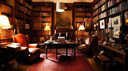 Library room with many books and armchairs in old house (Generative AI)