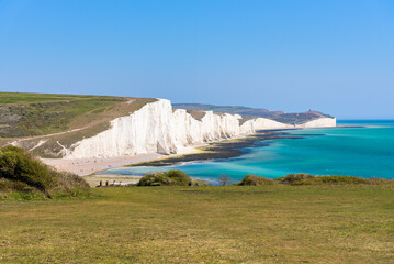 Seven Sisters white chalk cliffs, from the coastguard cottages in Cuckmere Haven near Seaford....