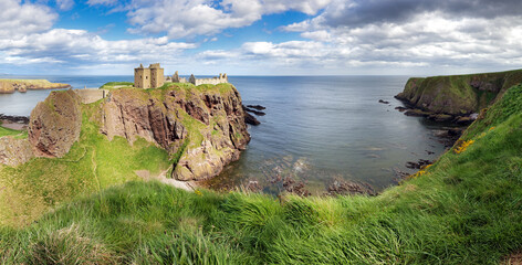 Panorama of Dunnottar castle with sea coast in Scotland