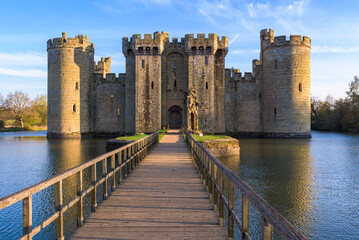 Bodiam Castle, 14th-century medieval fortress with moat and soaring towers in Robertsbridge, East Sussex, England.