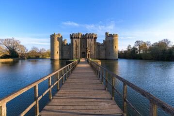 Bodiam Castle, 14th-century medieval fortress with moat and soaring towers in Robertsbridge, East Sussex, England.