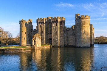 Bodiam Castle, 14th-century medieval fortress with moat and soaring towers in Robertsbridge, East Sussex, England.