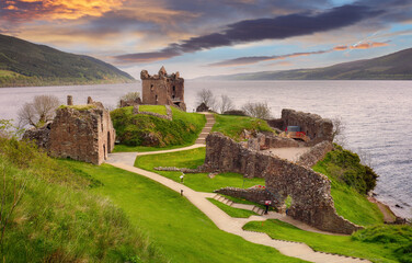 Scotland - ranobow over Urquhart castle, Loch Ness - UK