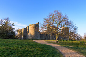 Bodiam Castle, 14th-century medieval fortress with moat and soaring towers in Robertsbridge, East Sussex, England.