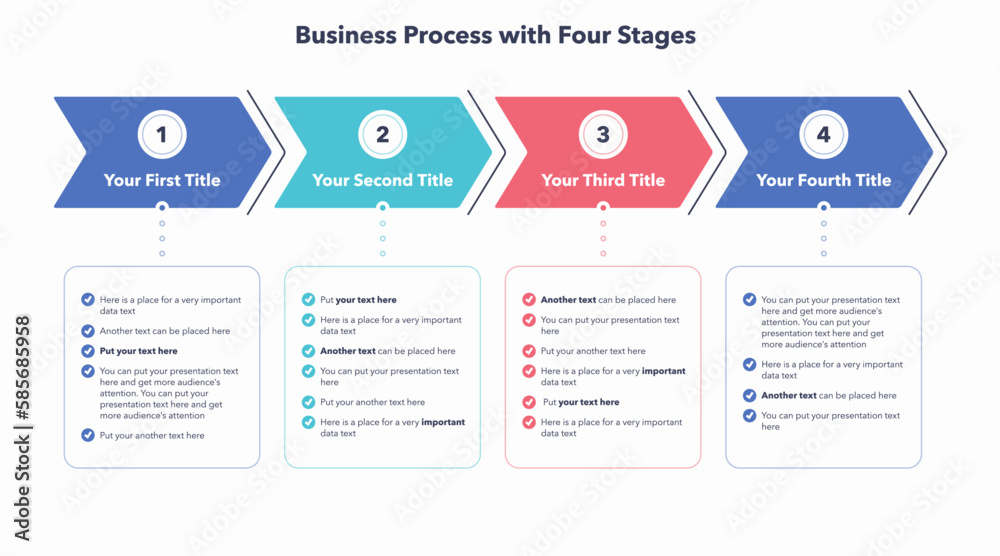 Aufkleber Business process infographic with four colorful stages. Flat presentation template with four arrows and place for your content.