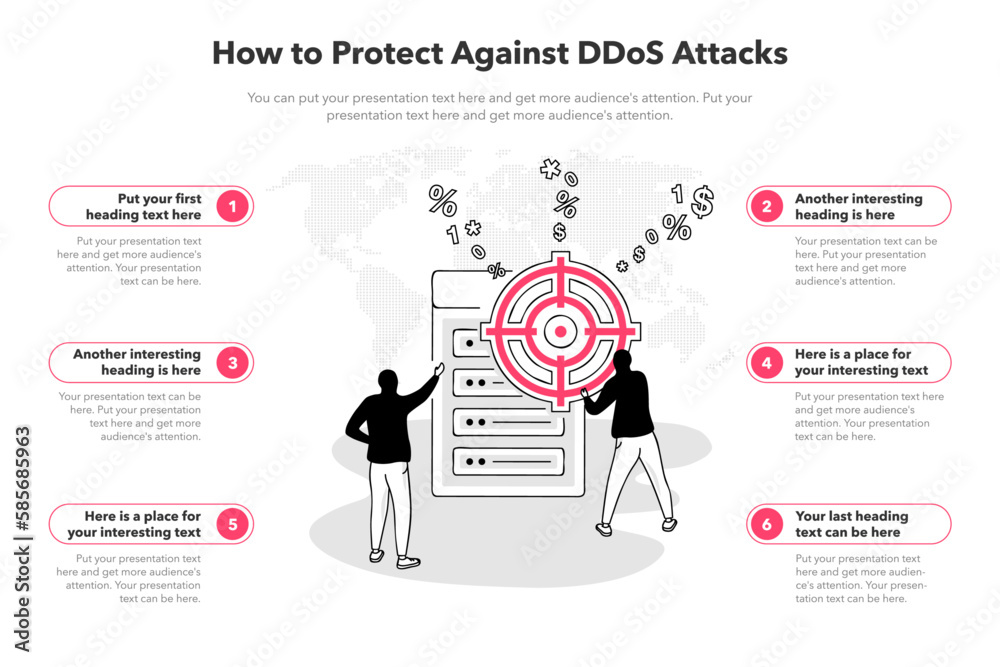 Aufkleber Simple infographic template for how to protect against DDoS attacks. 6 stages template with two hackers flooding a targeted server with internet traffic.