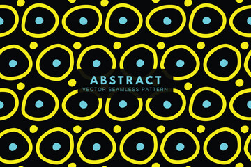 Organic yellow circles with tiny blue circles on a black background repeating pattern seamless