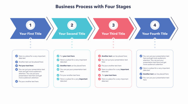 Business process infographic with four colorful stages. Flat presentation template with four arrows and place for your content.