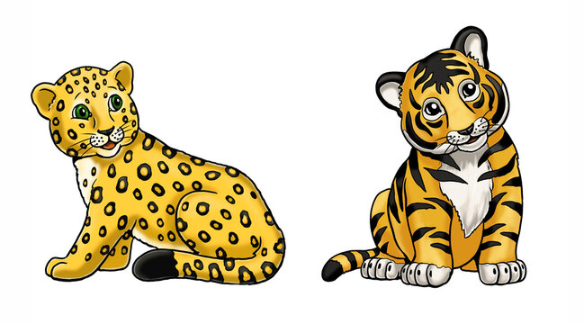 Cute leopard and tiger baby illustration. Isolated template with funny and happy animals. Coloring page for kids.