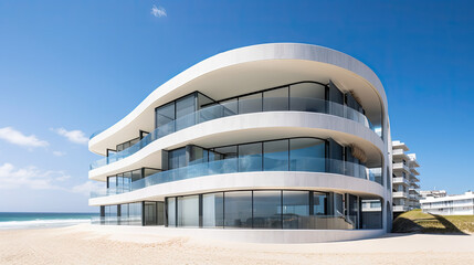 Obraz na płótnie Canvas bâtiment en front de mer sur la plage, architecture aux lignes courbes et épurées et une façade en verre qui reflète le ciel bleu clair avec balcons vitrés