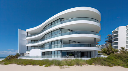 bâtiment en bord de mer sur la plage, architecture aux lignes courbes et épurées et une façade en verre qui reflète le ciel bleu clair avec balcons vitrés