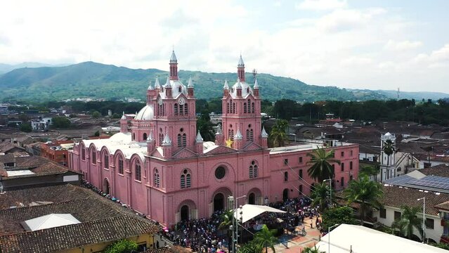 Basilica church-The lord of the miracles in Buga (Colombia). Aerial shot-4K