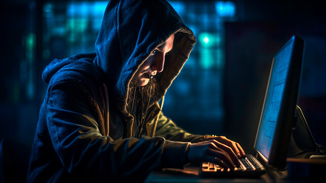 Hacker using laptop. Generative AI