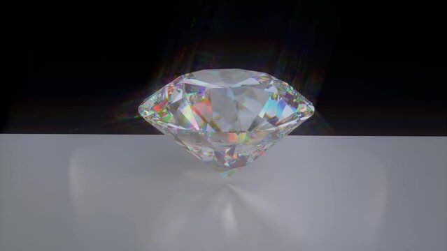Round brilliant cut diamond rotating 360 degree animation with caustics and ies lighting in the dark background as procedural 3d modeling and compositing.