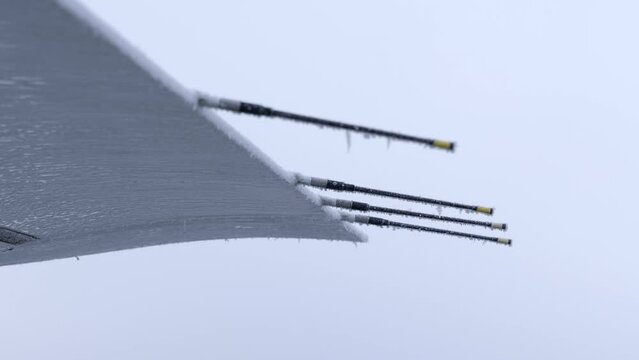 Close up of frozen airplane wing static wicks. Low angle