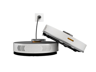 3d illustration assistant robot vacuum cleaner for dry and wet cleaning plugged into socket on white background no shadow