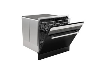 3D illustration of built in electric dishwasher with programs for washing dishes on white background no shadow