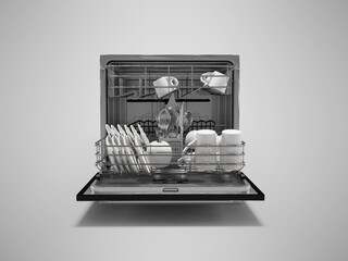 3D illustration of dishwasher with programs with dishes open front view on gray background with shadow