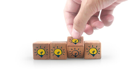 Wooden cubes in hand with copy space for input wording and infographic
