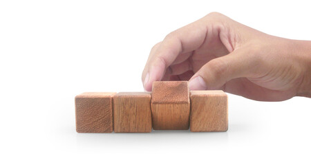 Wooden cubes in hand with copy space for input wording and infographic