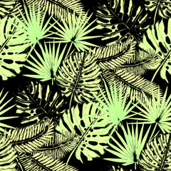 Fototapeta na wymiar Watercolor seamless pattern with tropical leaves. Beautiful allover print with hand drawn exotic plants. Swimwear botanical design. 
