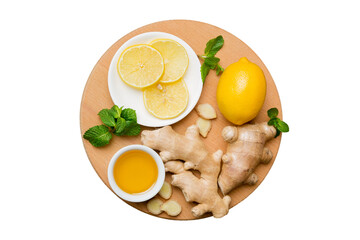 Natural cold and flu home remedies. Natural ingredients for immunity stimulation and viruses protection. top view flat lay isolated on white background