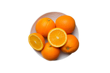 Flat lay of Fresh orange fruit with sliced in plate isolated on white background. Top view with copy space