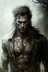 portrait of an aggressive male werewolf in a dark forest. Generative AI illustration