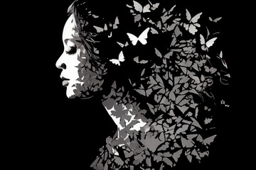 Butterfly Man Silhouette Portrait. AI Generated