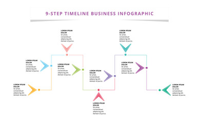 Simple 9-step angular linear timeline infographic