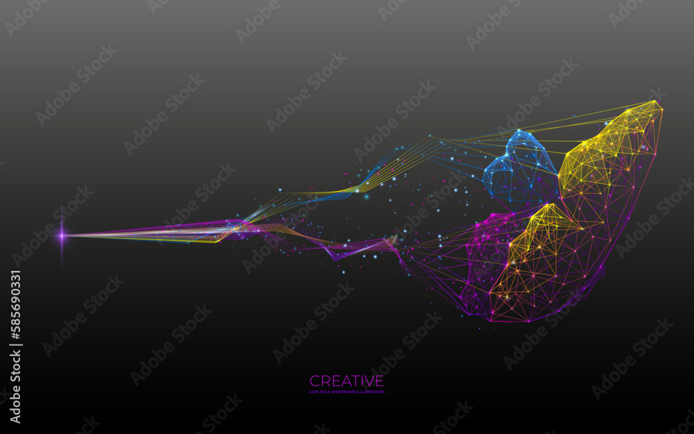 Poster Abstract flying butterfly in polygons, lines and connected dots. Vivid Low Poly Wireframe butterfly on dark background. Digital vector illustration. Colorful creative concept. 