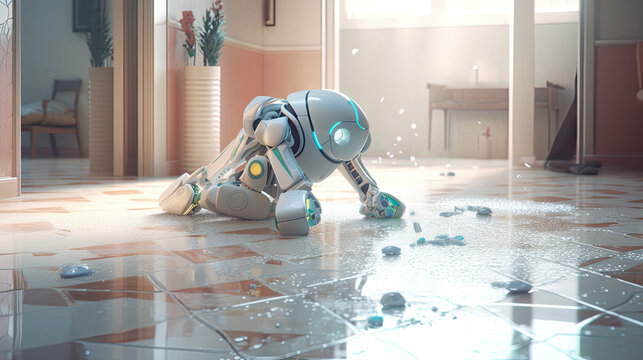 A futuristic robot cleans the floor. A modern innovation for the household. Generative AI content