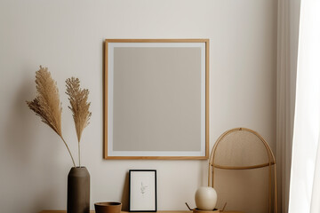 View of vertical wooden Frame with Poster Mockup standing on the white background, cozy, warm, generative AI