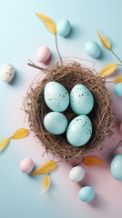 Fototapeta na wymiar poster and banner template with eggs in the nest on light background. Greetings and presents for Easter Day in flat lay styling. Promotion and shopping template for Easter. Generative AI content