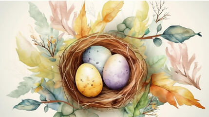 poster and banner template with  eggs in the nest on light background. Greetings and presents for Easter Day in flat lay styling. Promotion and shopping template for Easter. Generative AI content