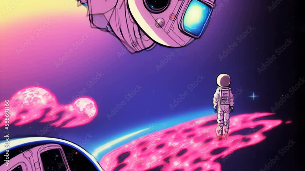 Wall mural generative ai animation of psychedelic sketch cartoon astronaut in the city. crazy colorful backgrou