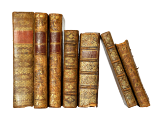 Row of antique books with a leather cover and golden ornaments on isolated on white background