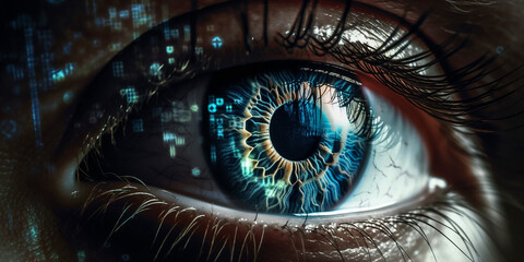 Close up of human eye with digital overlay. Generative AI	