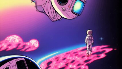 Generative AI animation of psychedelic sketch cartoon astronaut in the city. Crazy colorful background. - Powered by Adobe