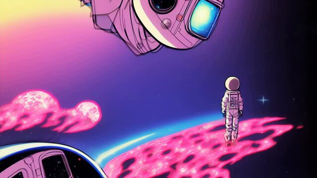 Generative AI animation of psychedelic sketch cartoon astronaut in the city. Crazy colorful background.
