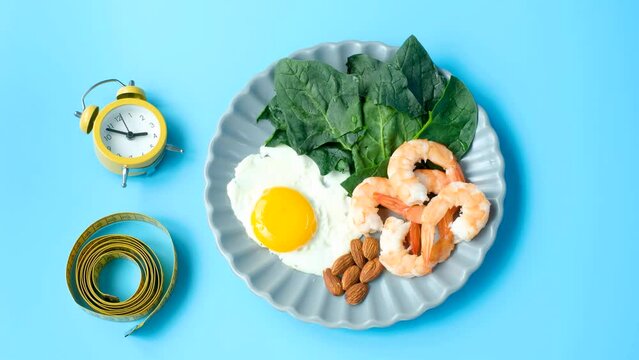Female hand holds a fork next to a plate of food and centimeter tape with an alarm clock, concept of a keto diet.