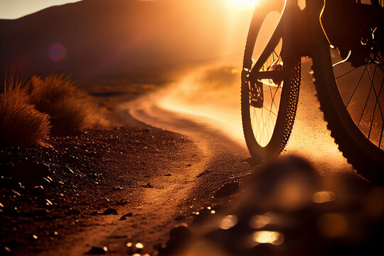 Bicycle wheel shot close-up at sunset in the rays of the setting sun. AI Generated