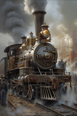 Obraz na płótnie Canvas An old steam locomotive rides on rails. AI Generated
